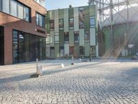 some buildings with lots of windows and a traffic sign that is outside a large brick building
