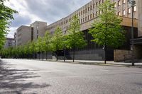 empty city street with tall buildings on either side of it and trees lined on both sides