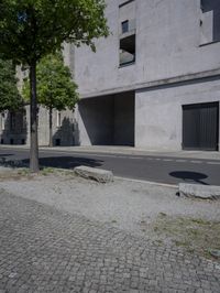 a man is riding a motorcycle in front of a building with a tree growing outside the building
