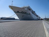 the large white cruise ship has a huge bow and a green stripe on it's side