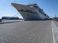 the large white cruise ship has a huge bow and a green stripe on it's side