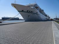 the large white cruise ship has a huge bow and a green stripe on it's side