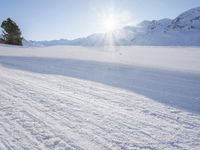 a man on skis going down a snowy hill with trees behind him and a sun shining through the clouds