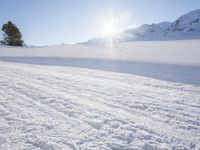 a man on skis going down a snowy hill with trees behind him and a sun shining through the clouds