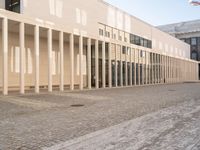 a person on a bike passing by a building that has columns on it with many doors