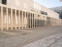 a person on a bike passing by a building that has columns on it with many doors