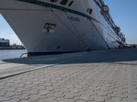 a person stands near a dock with the ship in the background on a sunny day