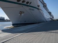 a person stands near a dock with the ship in the background on a sunny day