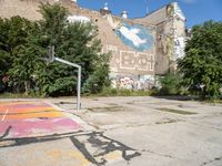 a basketball court with graffiti all over it with a person on a bike and buildings with trees in the background