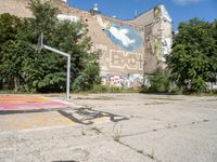 a basketball court with graffiti all over it with a person on a bike and buildings with trees in the background