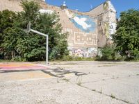 a basketball court with graffiti all over it with a person on a bike and buildings with trees in the background