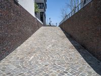 a narrow bricked walkway is set between two buildings and the fence behind them makes for great walkway design