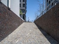 a narrow bricked walkway is set between two buildings and the fence behind them makes for great walkway design