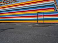 an empty parking lot painted brightly stripes on the wall of the building and sky as well as stones