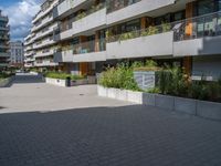several windows on a building with plants and trees in the courtyard area of this modern apartment complex
