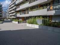 several windows on a building with plants and trees in the courtyard area of this modern apartment complex