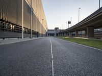 an empty street between two overpasses on a clear day with grass and flowers