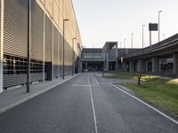 an empty street between two overpasses on a clear day with grass and flowers