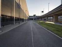 an empty street between two overpasses on a clear day with grass and flowers