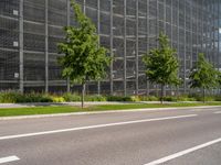 a wide roadway lined with traffic lines and trees on both side of it's driveway