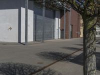 the tree in front of a gray and red building near two signs on it's sides