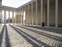 shadows of pillars on pavement at building entrance and sidewalk area in sunlight and sunlight rays