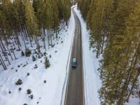 a truck driving along a narrow highway in the mountains with trees and snow on both sides