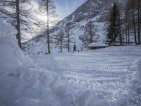 a man with ski poles stands behind a pile of snow, in the snow - covered area below trees, as the sun peeks overhead