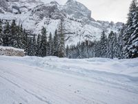 a mountain road with lots of snow on it and evergreens lining the road behind it