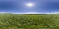 the panorama of an empty field with sun in the middle of it and blue sky above