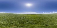 the panorama of an empty field with sun in the middle of it and blue sky above