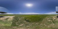 360 panorama view looking up at green field and blue sky with white clouds and a clock tower