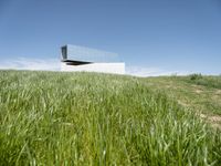 an outdoor house is set on the hill of grass and plants in a field with an open sky background