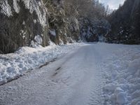 there is a road that has been cleared by snow for wintering, along with the side of trees