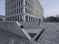 a stone walkway leading into a building in the background has white walls with large windows