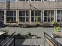 some tables some benches some windows and a building many plants and concrete bricks in a courtyard