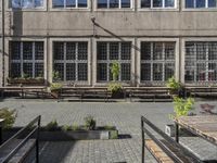 some tables some benches some windows and a building many plants and concrete bricks in a courtyard