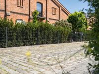 a very old brick building with green plants and shrubs around it near a fenced yard