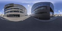 two pictures show two buildings as seen from the same angle in a sphere photo,