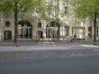 this picture shows two trees on the sidewalk in front of a building with green leaves