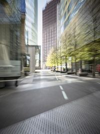 motion blurred image of traffic on city street in the day time scene of urban area