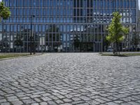 large glass - walled building with square driveway in front of it and benches on the side