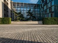 a street and sidewalk area that looks like a courtyard with building designs on each one