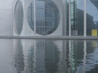the water surface is very calm, as seen in front of the modern looking building