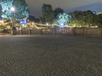 a person is standing on an empty brick walkway by the tv tower and trees with lights