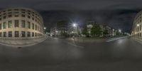 three pictures, one showing city street with buildings and cars in it, as seen at night from the street level