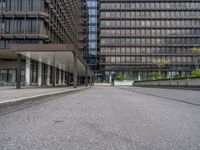 the buildings in this photo are glassy and are grey with metal accents and some plants