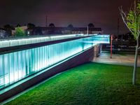 a large long glass wall over a grass field at night with a tree on a sidewalk