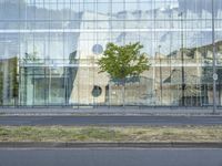 a glass building that is next to a street and trees on it's corner