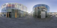 three circular photos taken in front of a glass building with multiple windows and some doors